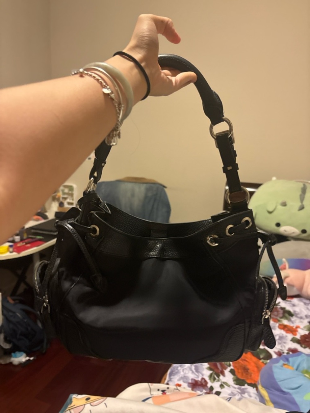 Vintage Prada Tessuto Nylon Hobo Bag Black Leather Trim Shoulder Bag Y2K - Picture 2 of 6